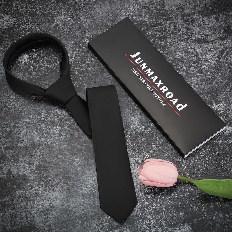 Junmaxroad Store Boys Black Tie Satin Solid Color Necktie for Teen Wedding School Graduation with Gift Box - Image 5
